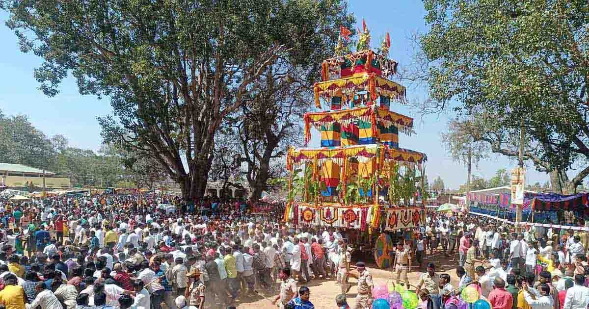 Hindu Temple Sri Lakshmi Adinarayana Swamy Temple in Ellodu, Gudibande, Karnataka, during the 2025 festival celebrations.