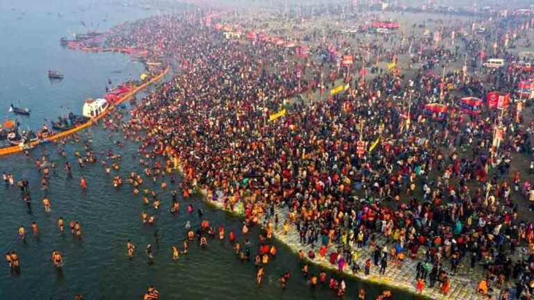 Maha Kumbh 2025 - Devotees taking a holy dip in the Ganga River during Maha Kumbh 2025 at Prayagraj