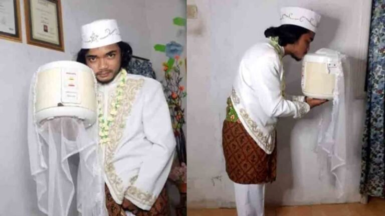 Marriage Man marrying a pressure cooker in Indonesia, a unique and unusual wedding event