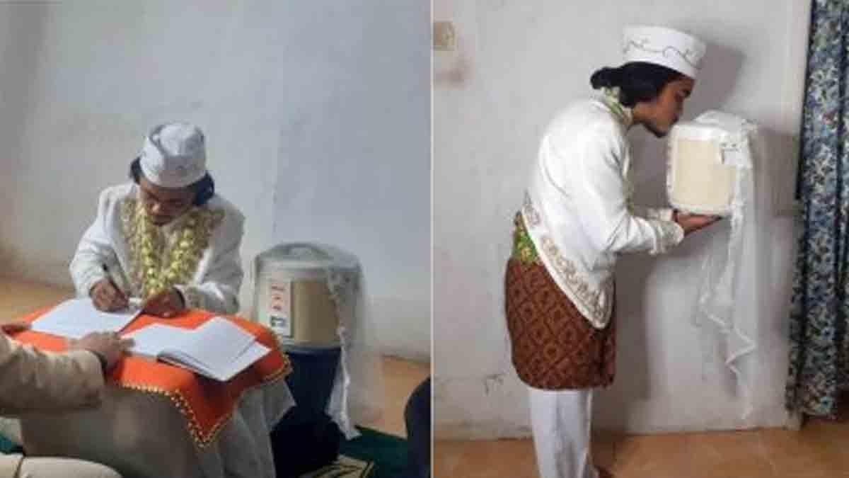 Marriage Man marrying a pressure cooker in Indonesia, a unique and unusual wedding event