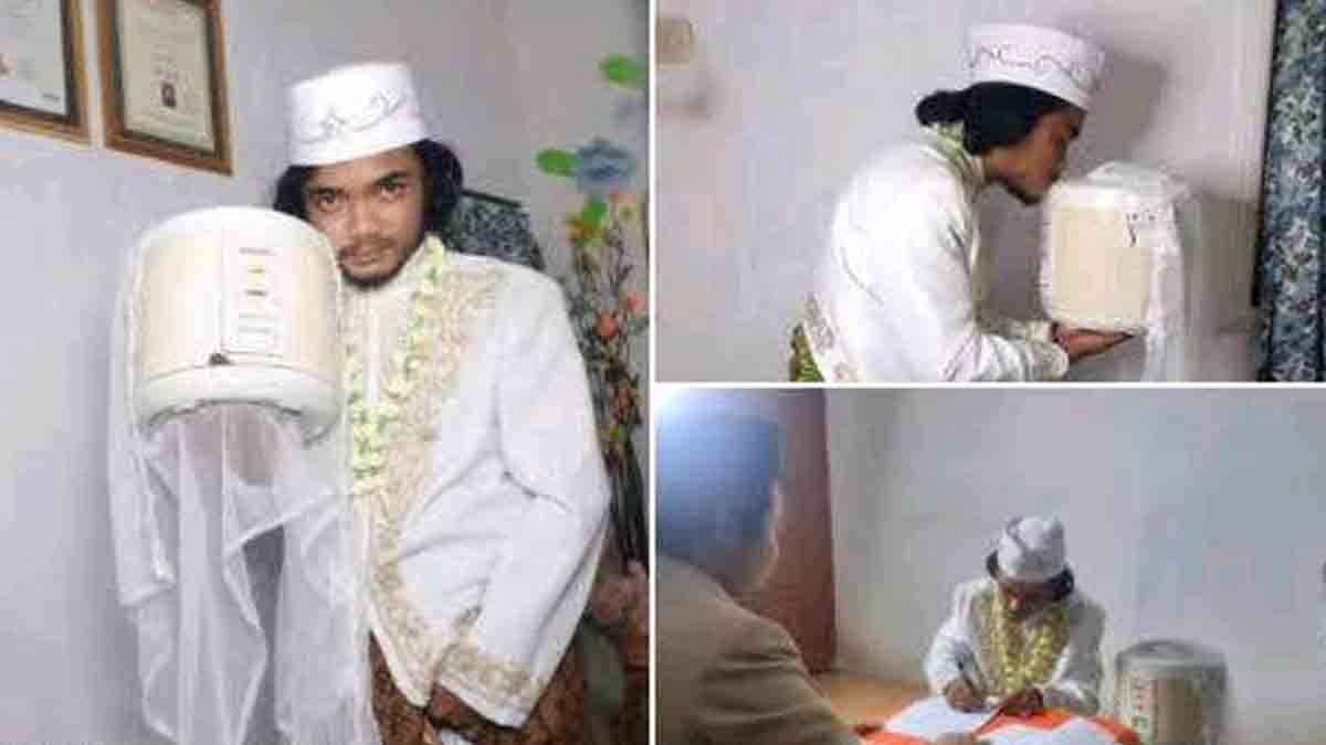 Marriage Man marrying a pressure cooker in Indonesia, a unique and unusual wedding event