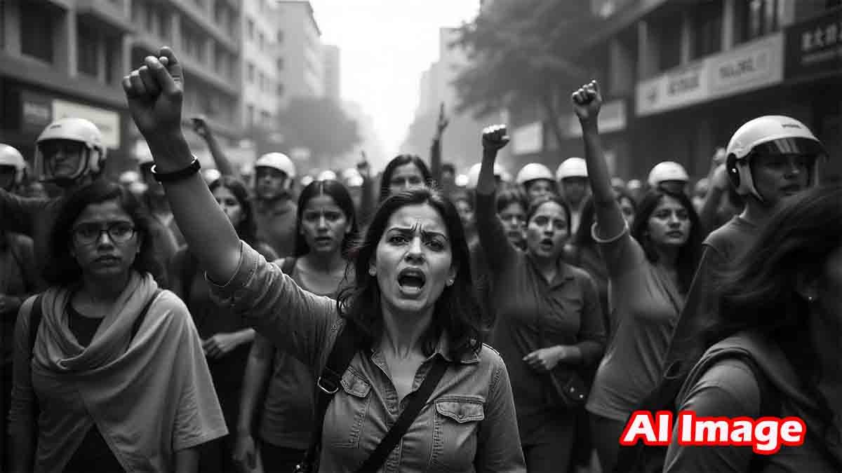 "Women protesting against rising sexual violence in Bangladesh under the Yunus Khan government in Dhaka."