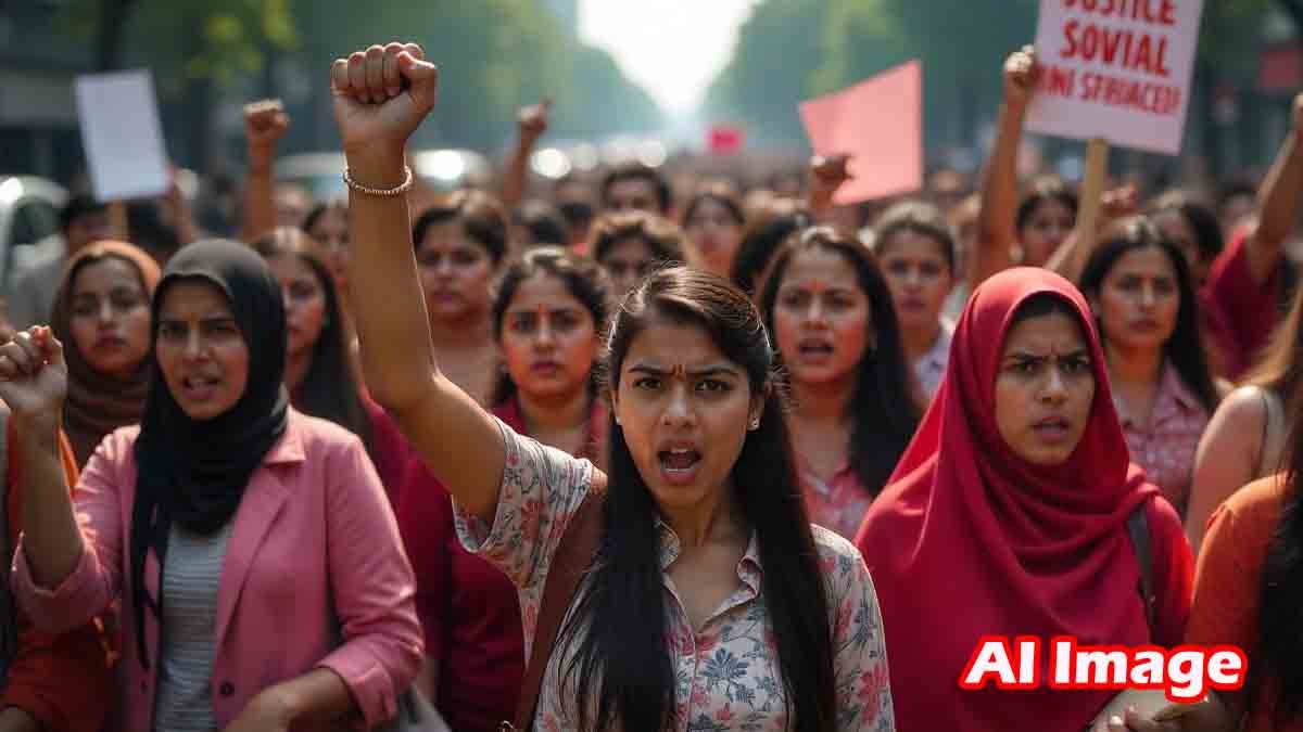 "Women protesting against rising sexual violence in Bangladesh under the Yunus Khan government in Dhaka."