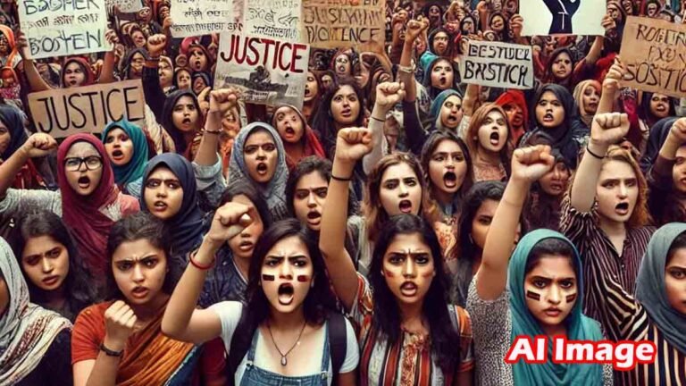 "Women protesting against rising sexual violence in Bangladesh under the Yunus Khan government in Dhaka."