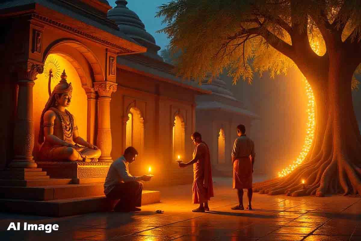 Spiritual - Lighting a lamp in Shani temple for blessings and prosperity