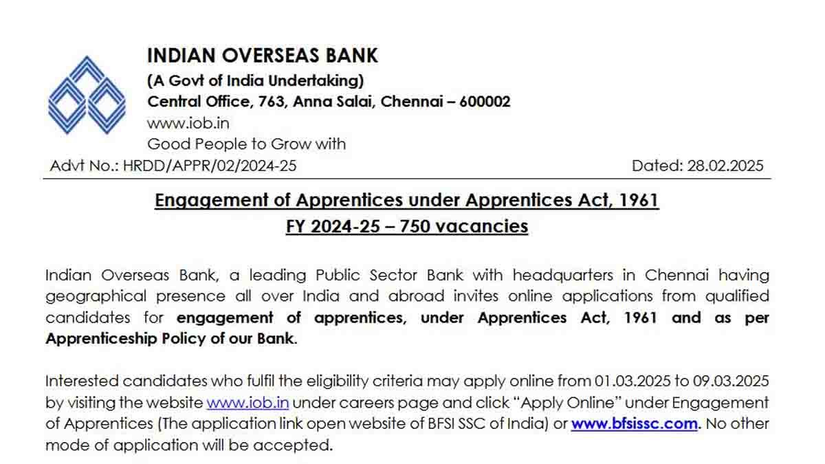 IOB Apprentice Recruitment 2025 - Apply Online for 750 Vacancies