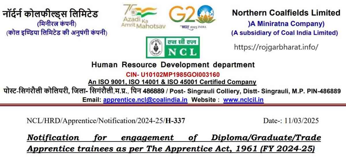 "NCL Northern Coalfields Limited 2025 Apprentice Recruitment for ITI, Diploma, BE, and Graduates"