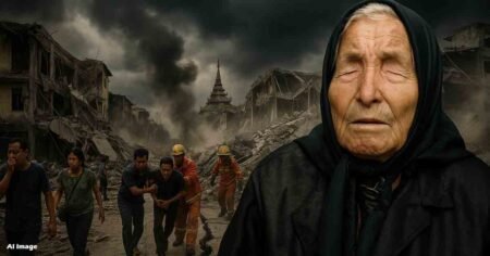 Baba Vanga in the foreground with a devastated earthquake scene in Myanmar and Thailand