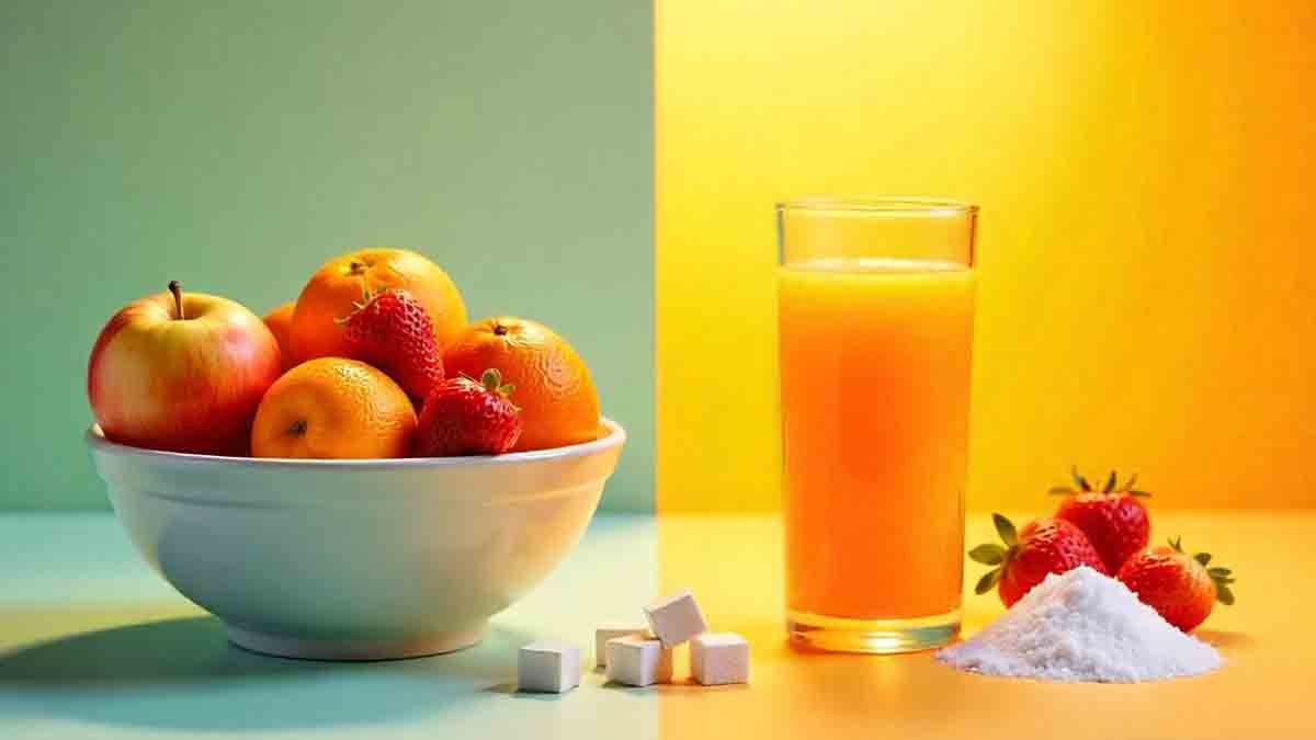 Health Tips - "A fit woman holding a bowl of fresh fruits on one side and a glass of fruit juice on the other, representing a comparison for weight loss."