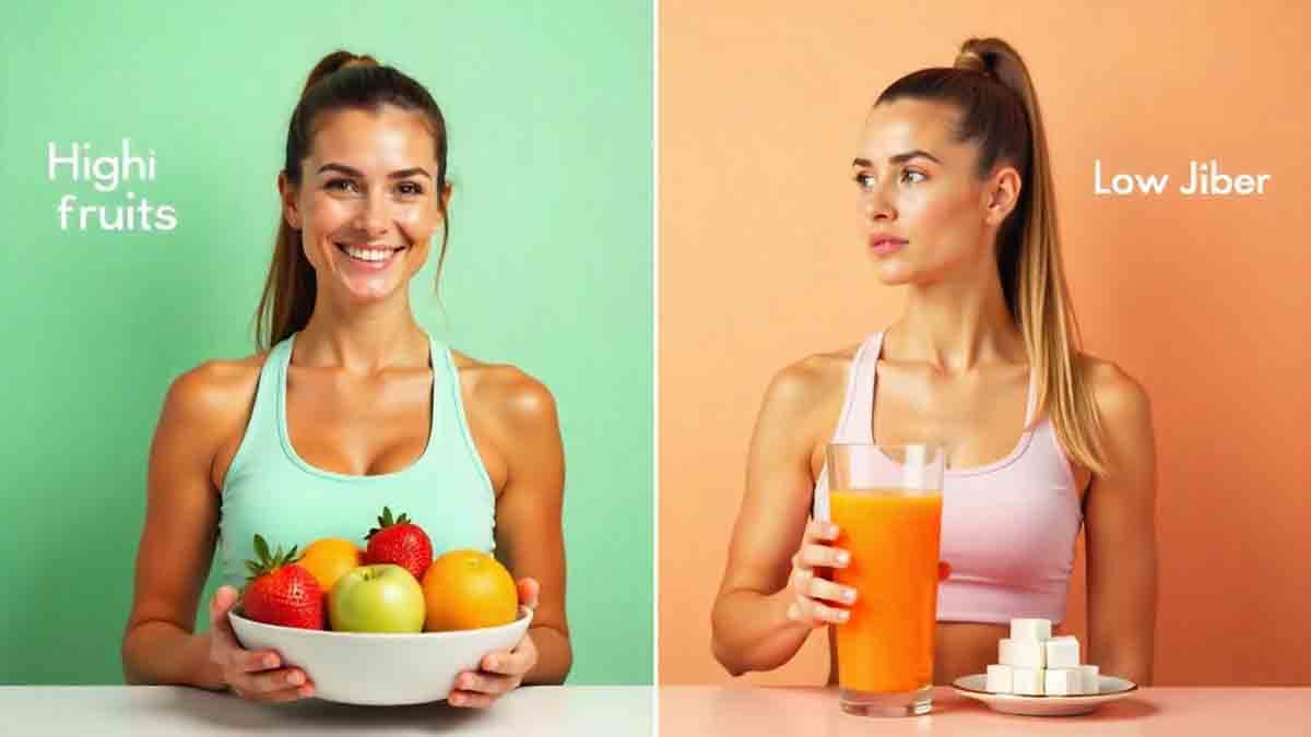 "A fit woman holding a bowl of fresh fruits on one side and a glass of fruit juice on the other, representing a comparison for weight loss."