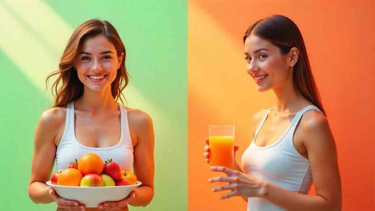 Health Tips - "A fit woman holding a bowl of fresh fruits on one side and a glass of fruit juice on the other, representing a comparison for weight loss."