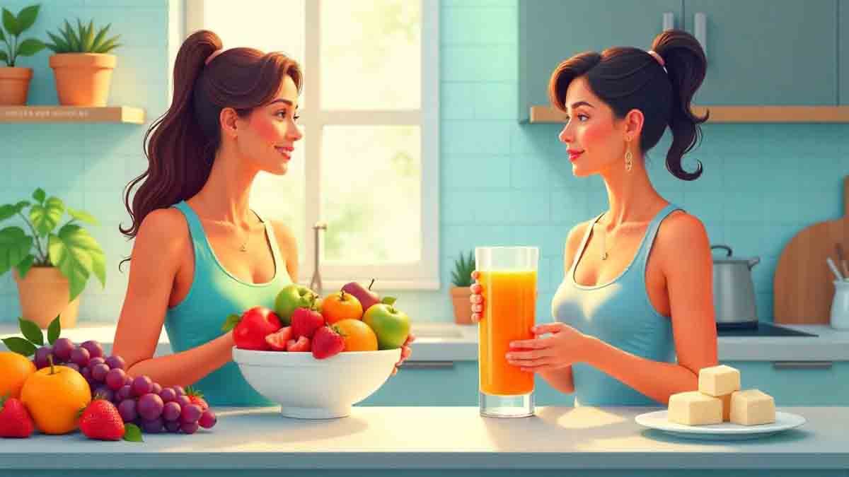 "A fit woman holding a bowl of fresh fruits on one side and a glass of fruit juice on the other, representing a comparison for weight loss."