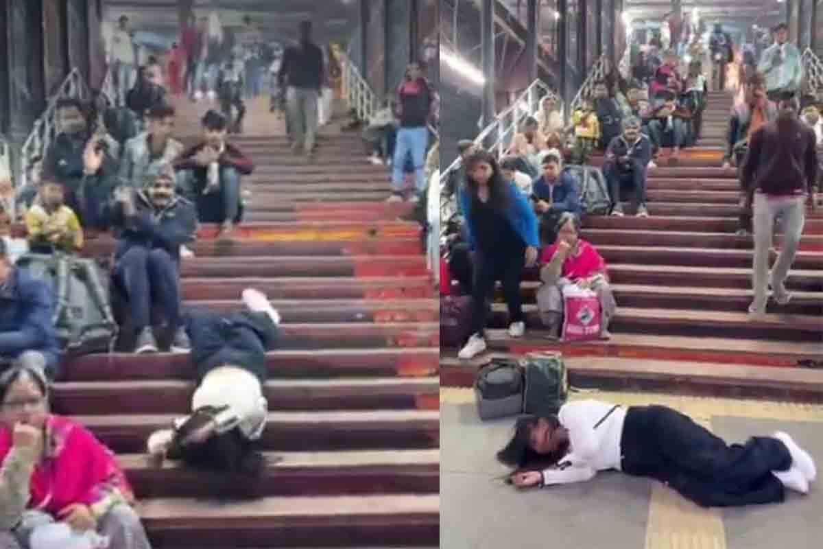 Reels - Young girl performing a dangerous reels stunt on railway platform stairs
