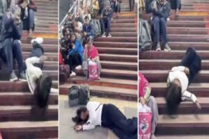 Reels - Young girl performing a dangerous reels stunt on railway platform stairs