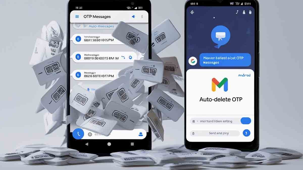 "Android smartphone showing an inbox filled with OTP messages and a Google Messages auto-delete feature for clearing them automatically."