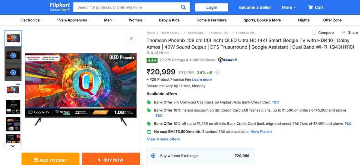 "Thomson 24-inch Smart TV at ₹5,999", "Thomson 32-inch Android TV with HDR10+ support", "Flipkart Big Saving Days Sale 2023 offers".