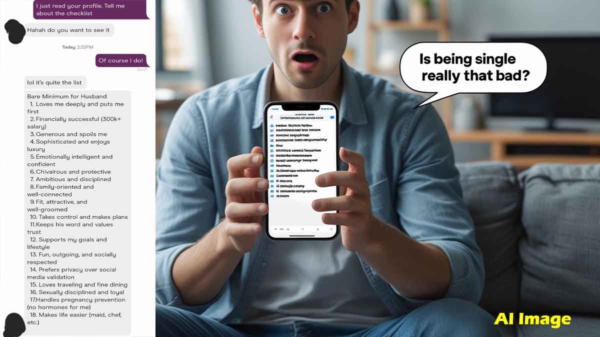 Shocking - Screenshot of dating app conversation listing 18 unrealistic relationship conditions by woman