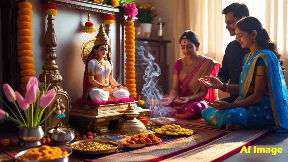 Akshaya Tritiya 2025 celebration at home, featuring Lakshmi idol, oil lamp, gold coins, and family performing rituals in a warm, serene environment