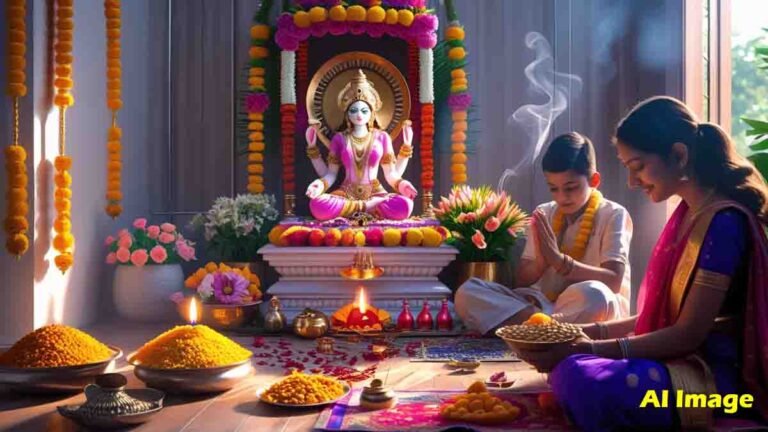 Akshaya Tritiya 2025 celebration at home, featuring Lakshmi idol, oil lamp, gold coins, and family performing rituals in a warm, serene environment
