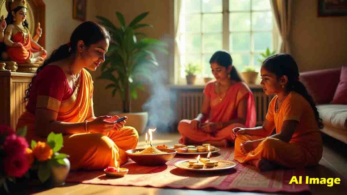 Akshaya Tritiya 2025 celebration at home, featuring Lakshmi idol, oil lamp, gold coins, and family performing rituals in a warm, serene environment