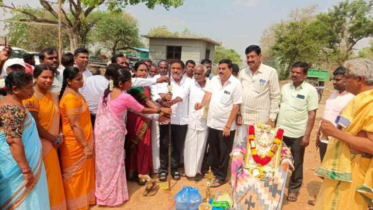 Anganawadi - MLA S.N. Subbareddy performing bhoomi pooja for Anganwadi building construction in Kambalahalli village
