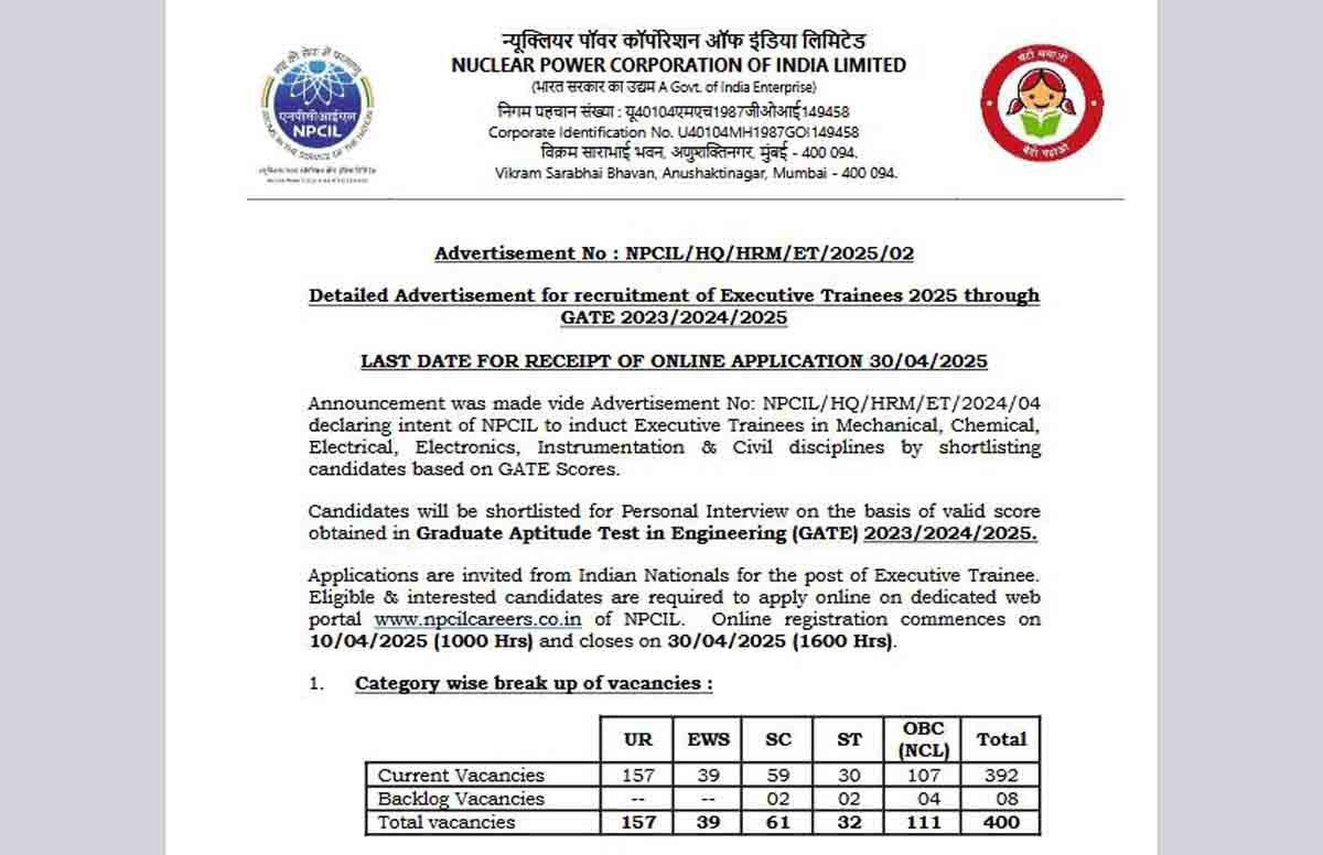 NPCIL Recruitment 2025 for Executive Trainee Posts – 400 Vacancies, Eligibility, Salary, Application Process