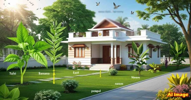 Vastu tips - Tulsi, Neem, Banana, and Bamboo plants around an Indian house as per Vasthu Shastra for removing Vasthu doshas and attracting positive energy