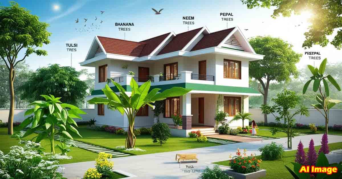 Vastu tips - Tulsi, Neem, Banana, and Bamboo plants around an Indian house as per Vasthu Shastra for removing Vasthu doshas and attracting positive energy