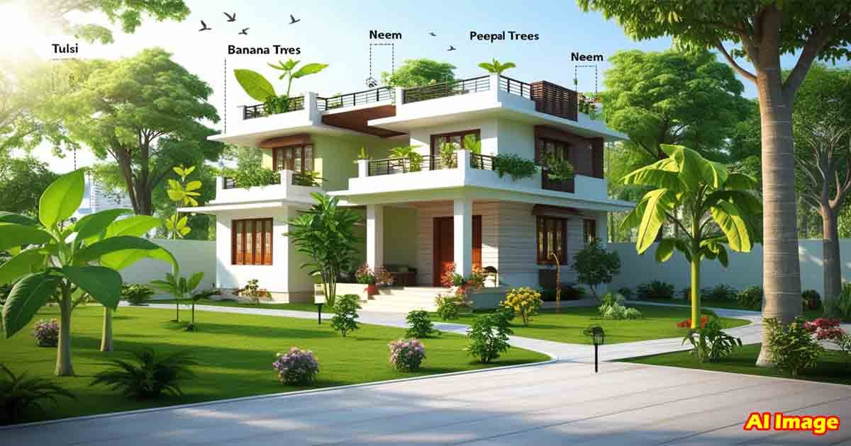 Vastu tips - Tulsi, Neem, Banana, and Bamboo plants around an Indian house as per Vasthu Shastra for removing Vasthu doshas and attracting positive energy