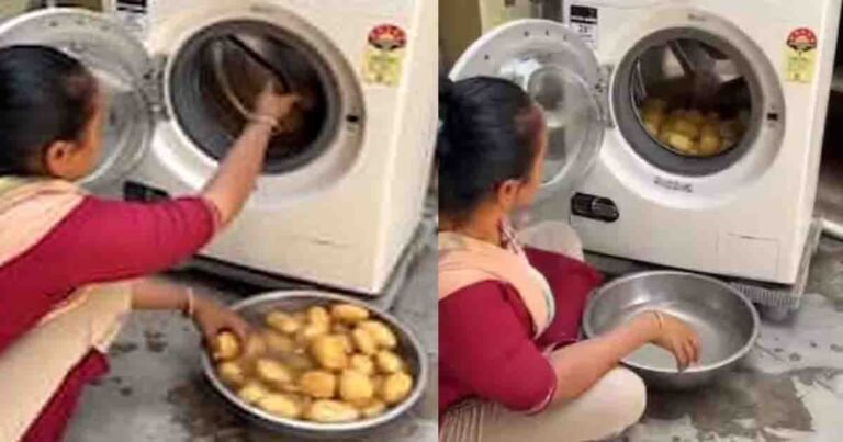 Viral Video - Woman peeling potatoes using a washing machine – creative kitchen hack