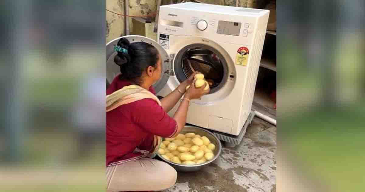 Viral Video - Woman peeling potatoes using a washing machine – creative kitchen hack