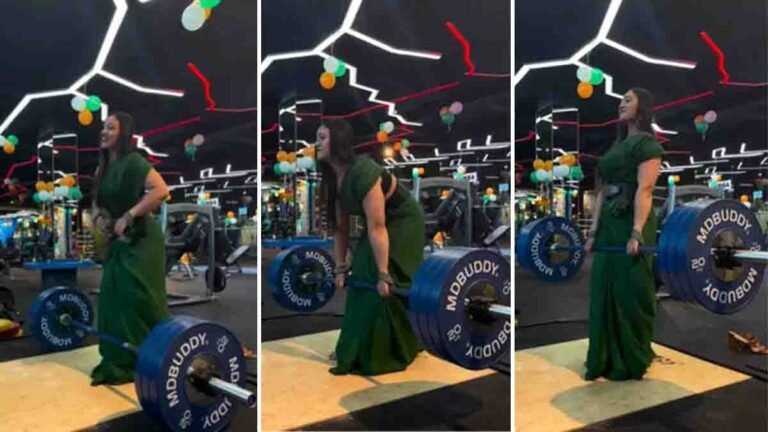 Viral - Indian woman deadlifting 140 kg in a silk saree inside gym, symbolizing strength and tradition
