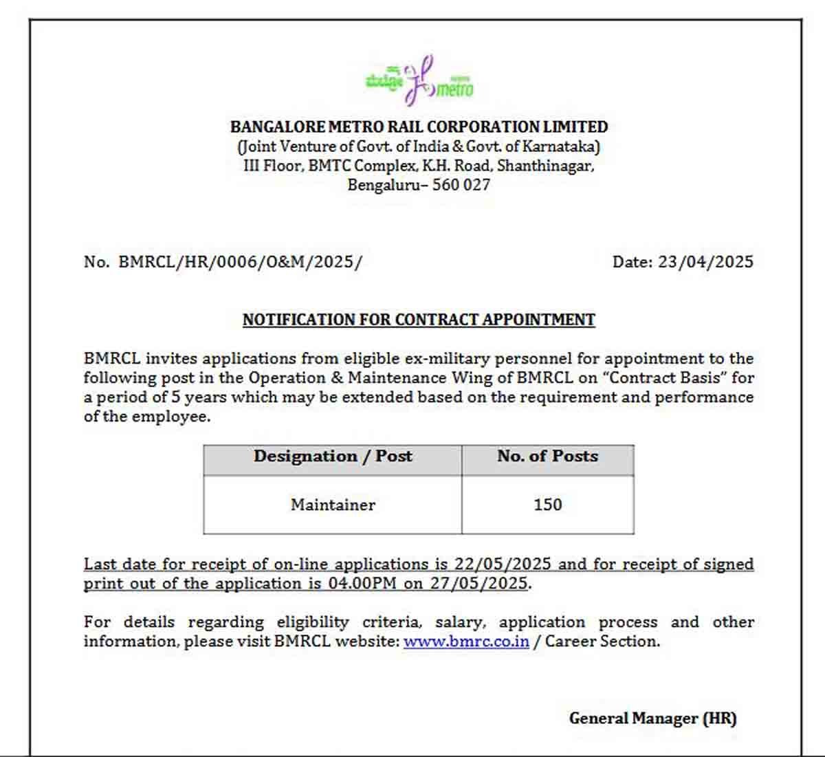 BMRCL : ಬೆಂಗಳೂರು ಮೆಟ್ರೋದಲ್ಲಿ ಭರ್ಜರಿ ನೇಮಕಾತಿ: ಐಟಿಐ ಪಾಸಾದವರಿಗೆ 150 ಮೇಂಟೆನರ್ ಹುದ್ದೆಗಳು! 2 BMRCL - ITI recruitment in Bangalore Metro 2025 – 150 Maintainer vacancies for ex-servicemen