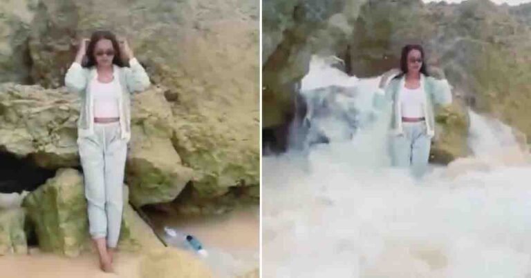 oung woman swept away by wave while filming social media reel at beach – viral video incident