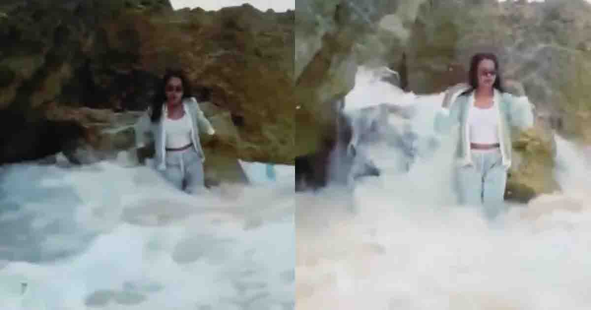 oung woman swept away by wave while filming social media reel at beach – viral video incident