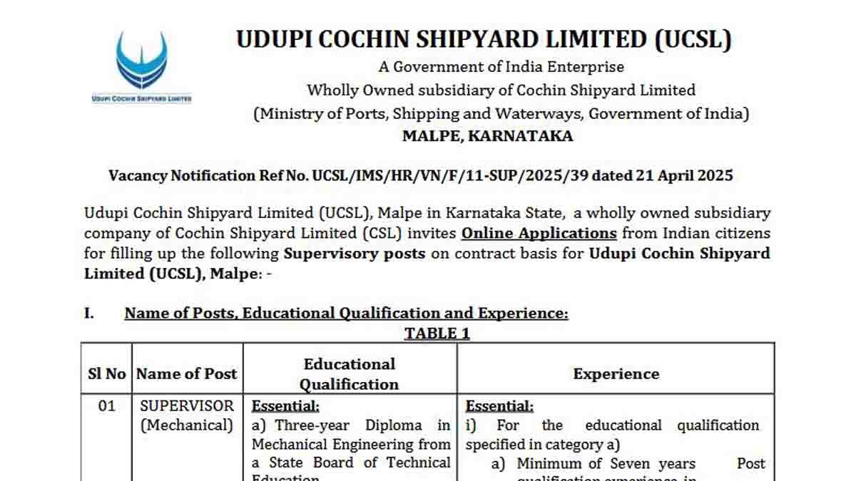 UCSL Recruitment 2025 - Udupi Cochin Shipyard recruitment 2025 – Supervisor jobs for ITI and Diploma holders in Karnataka