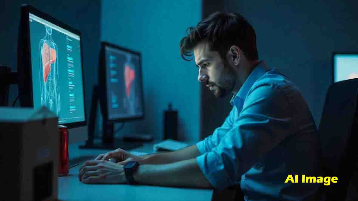 Liver Disease - Young IT professional sitting at a desk for long hours, showing signs of fatigue due to fatty liver risk
