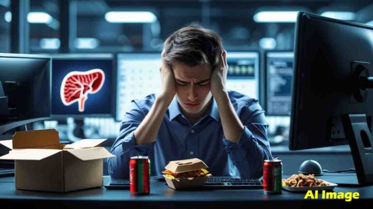 Liver Disease - Young IT professional sitting at a desk for long hours, showing signs of fatigue due to fatty liver risk