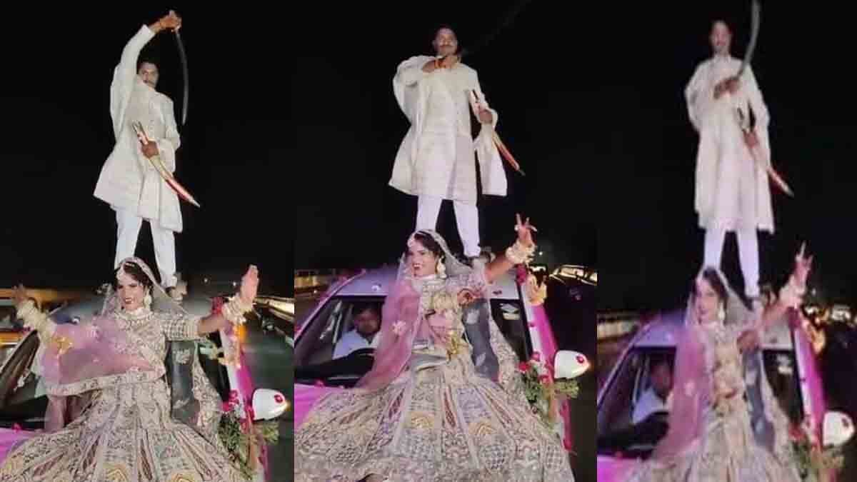 Bride and groom performing a dangerous stunt on a moving car in Gwalior