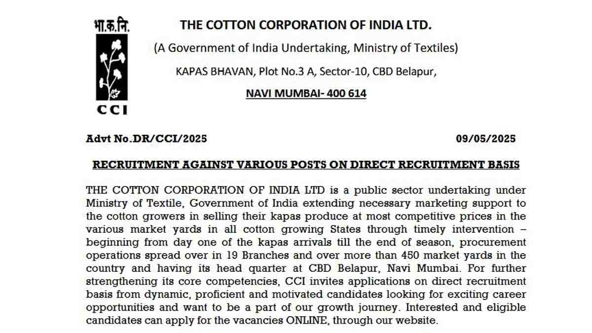 Cotton Corporation of India Recruitment 2025 – Apply Online for Management Trainee and Junior Assistant Vacancies