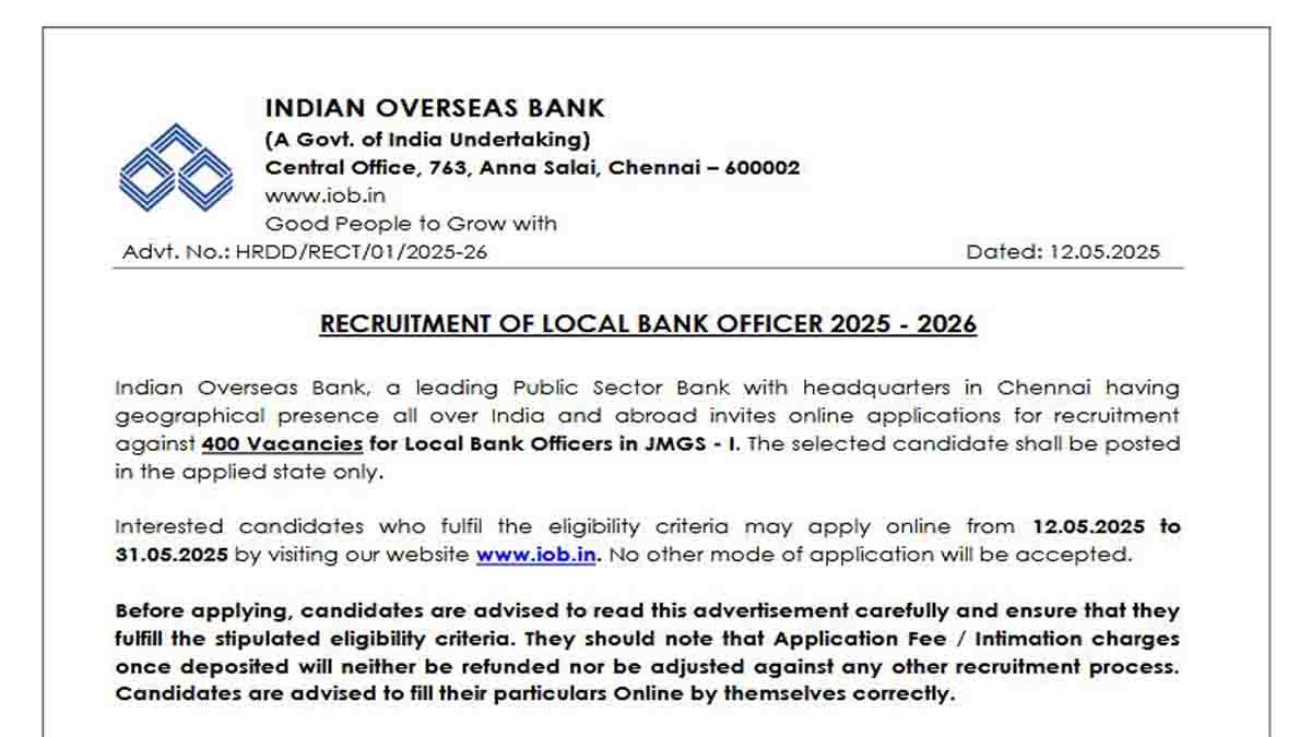 IOB Recruitment 2025 – Apply for 400 Local Bank Officer Posts across India