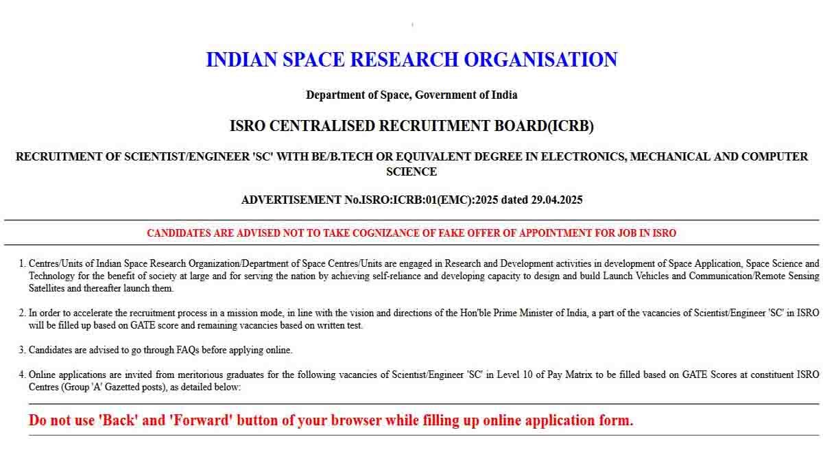ISRO Recruitment 2025 – Apply Online for Scientist and Engineer Jobs