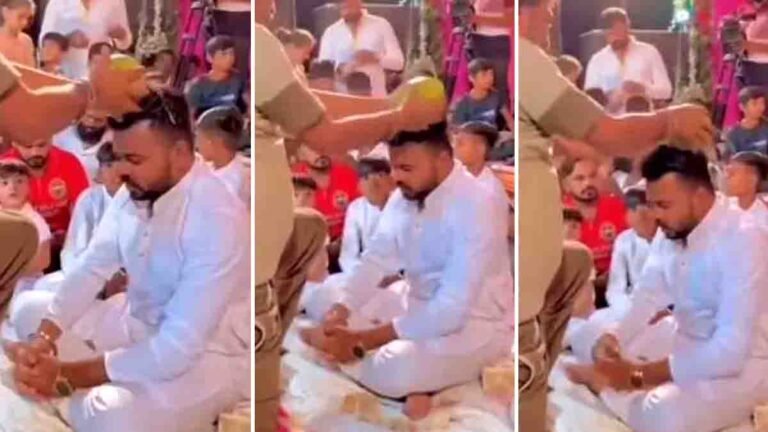 Viral Video - Man smashing coconut on groom’s head during traditional wedding ritual