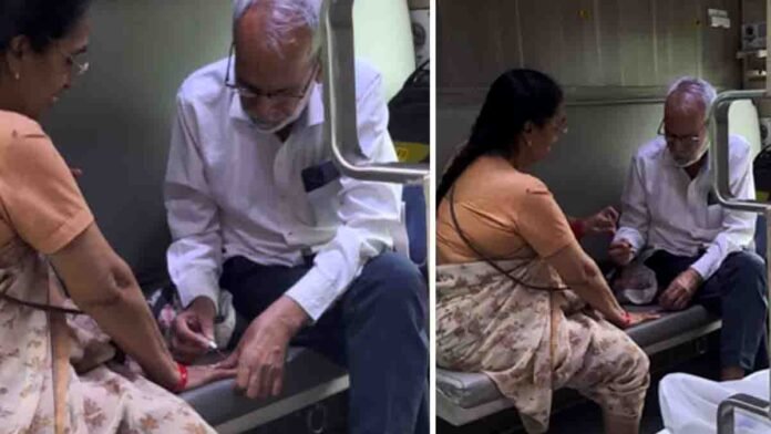 Old Couple - Elderly man lovingly applying nail polish to his wife’s fingers on a train – viral heartwarming moment of true love