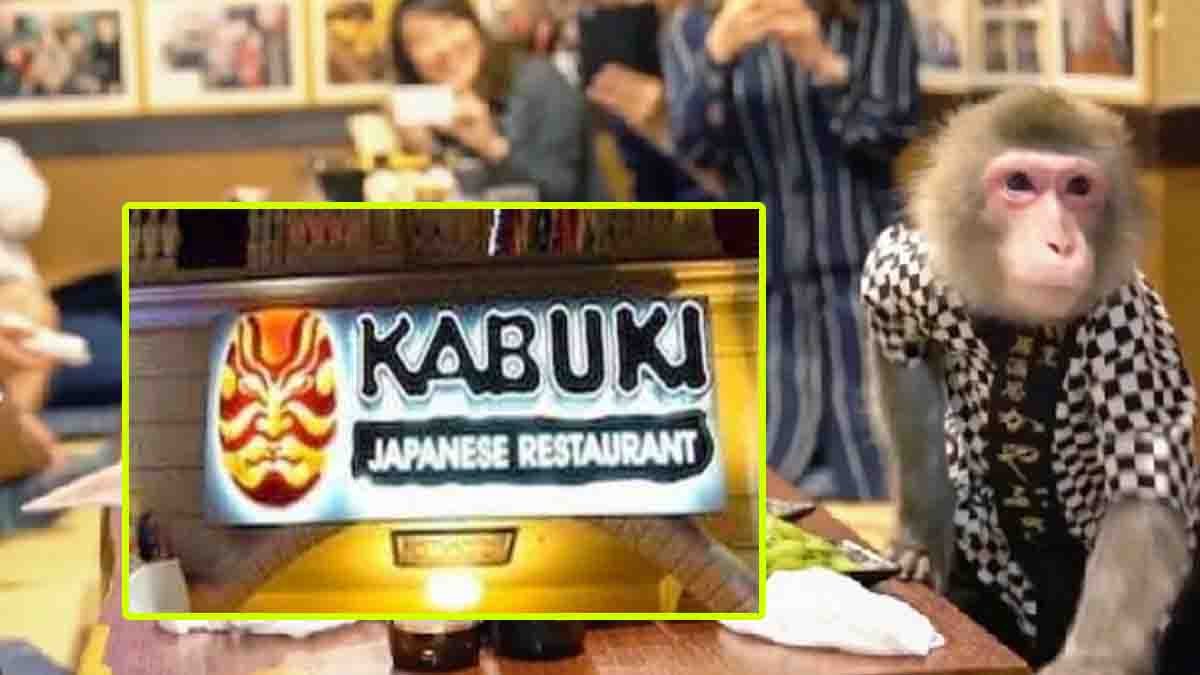 Monkey waiter serving food in a Japanese restaurant wearing a uniform