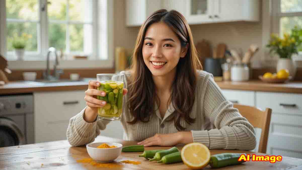 A glass of okra water with turmeric – a natural health drink for blood sugar, skin glow, digestion, and immunity