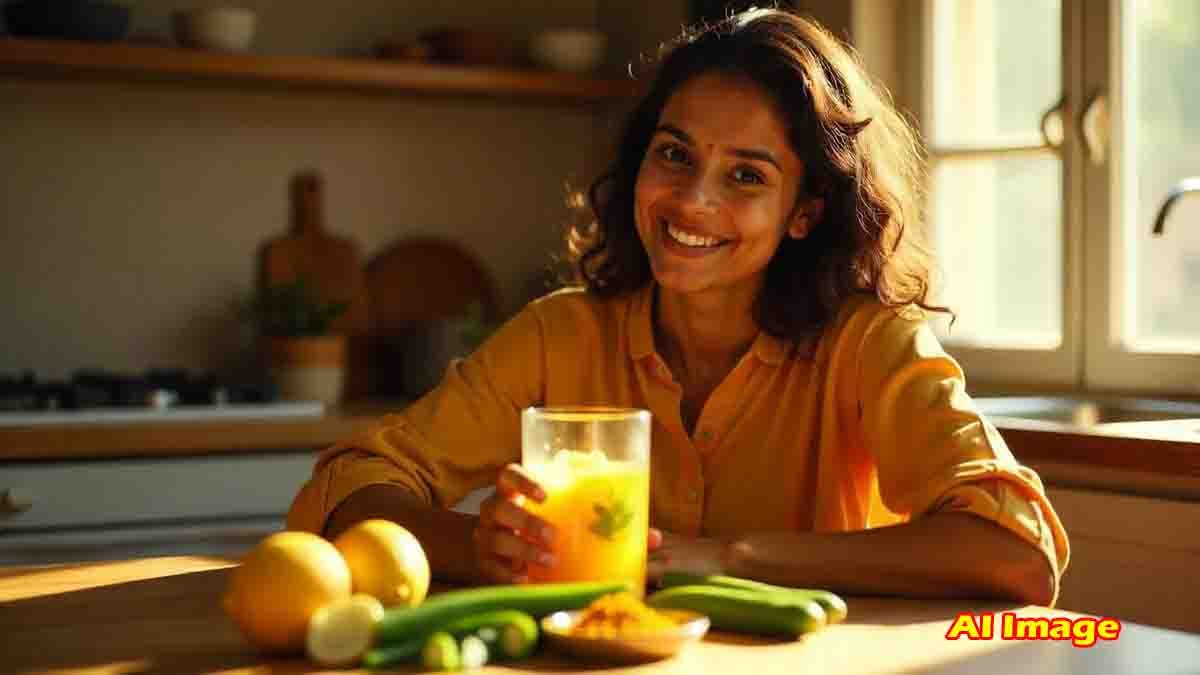 A glass of okra water with turmeric – a natural health drink for blood sugar, skin glow, digestion, and immunity