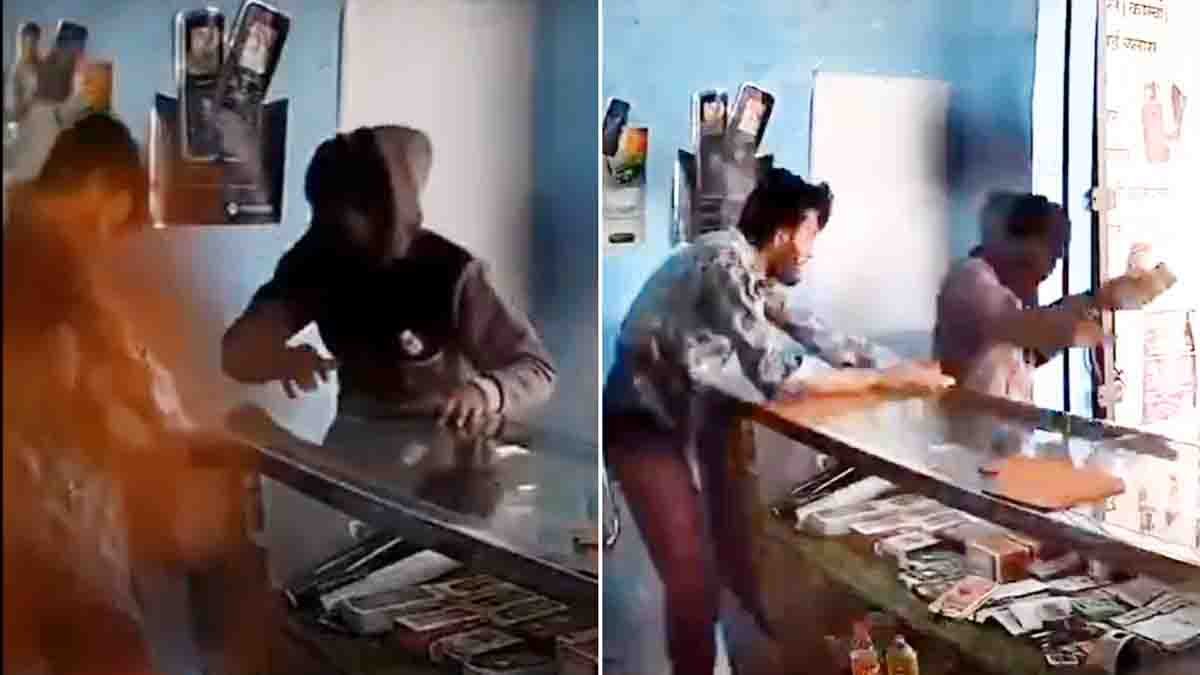 CCTV footage of thief throwing chilli powder at mobile shop owner in Bijnor robbery