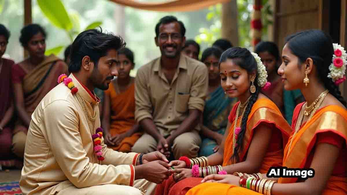 Viral - Indian groom marrying two brides in a traditional wedding under one mandap in a Telangana village, with villagers watching the ceremony