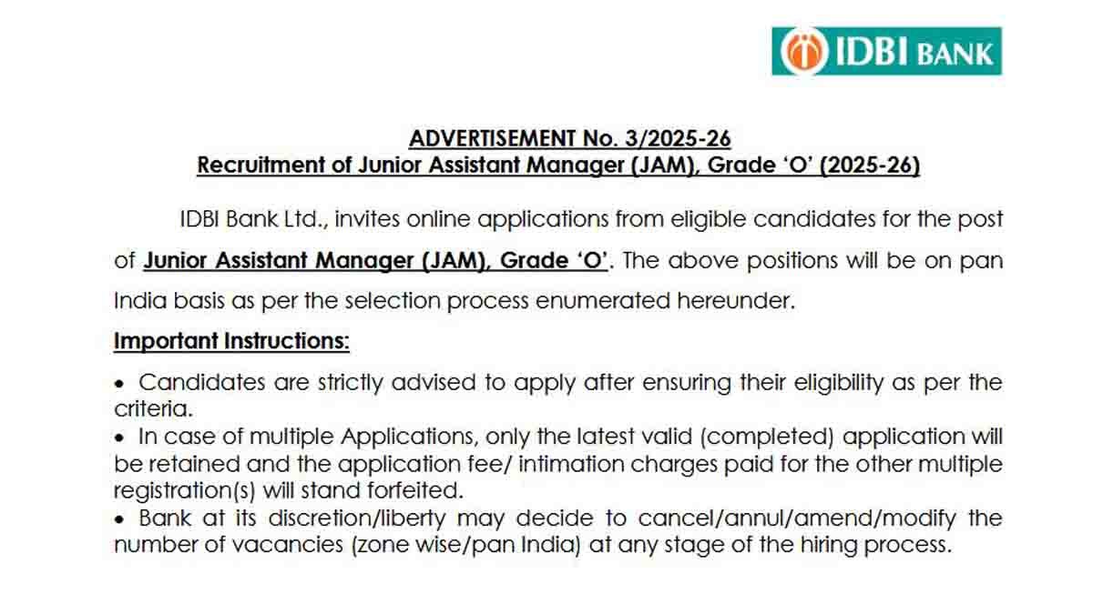 IDBI Bank Junior Assistant Manager Recruitment 2025 - Apply for 676 posts
